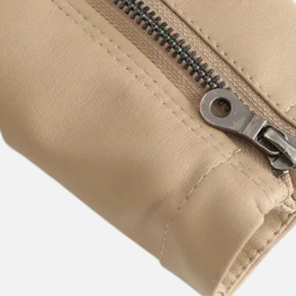 Women's Waist-Length Leather Moto Jacket with Zipper