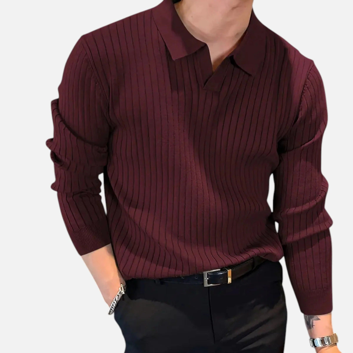 Men's Dressy Denim-Friendly Ribbed Long-Sleeved Polo