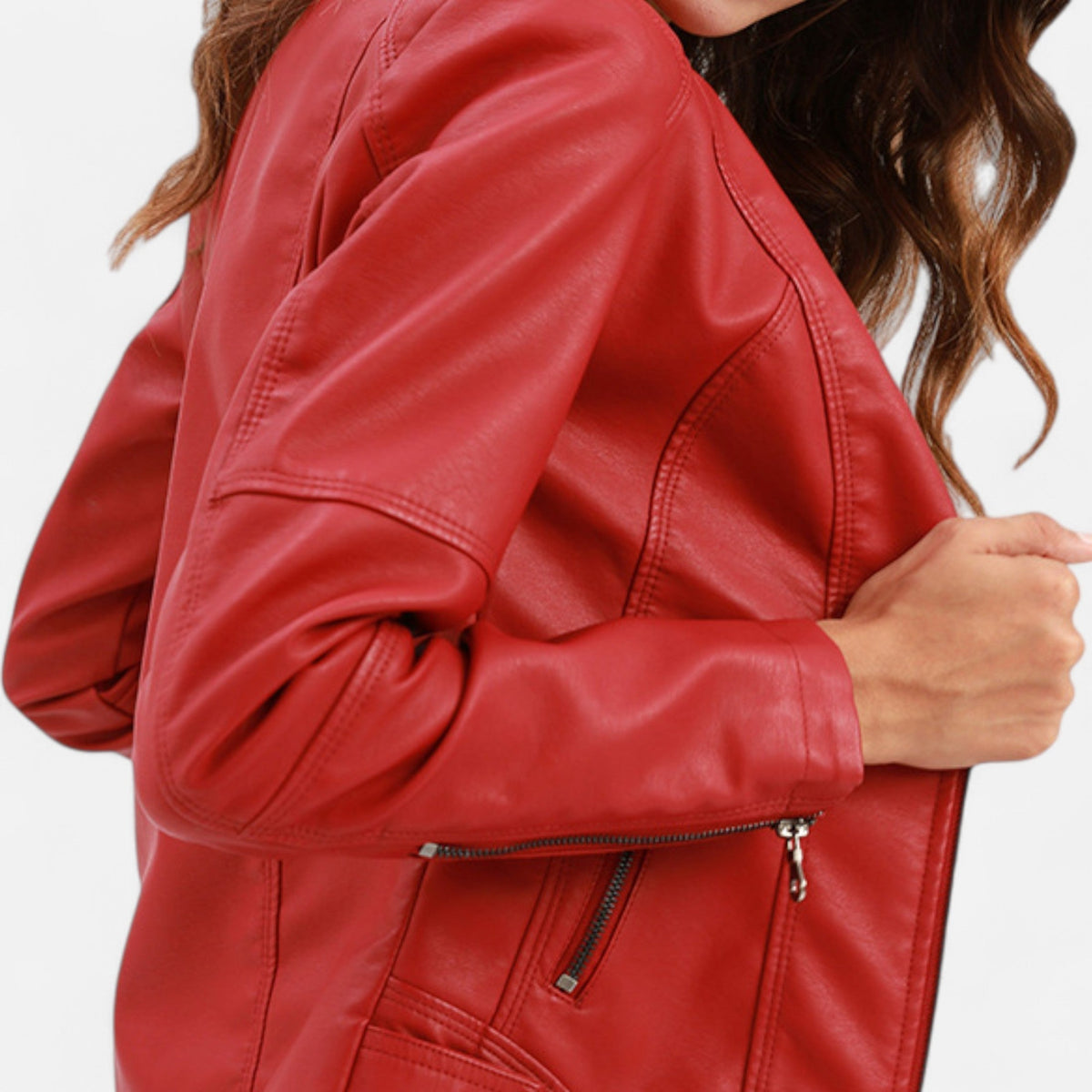 Women's Waist-Length Leather Moto Jacket with Zipper