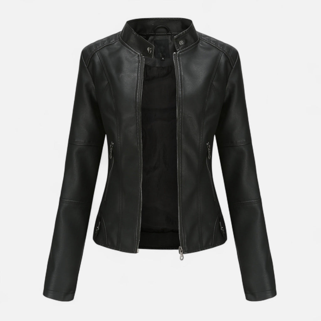 Women's Waist-Length Leather Moto Jacket with Zipper