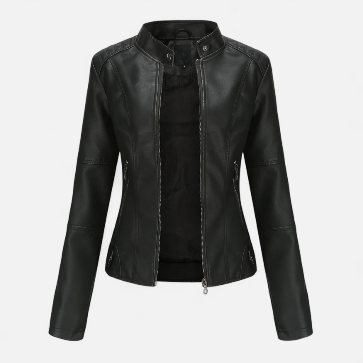 Women's Waist-Length Leather Moto Jacket with Zipper