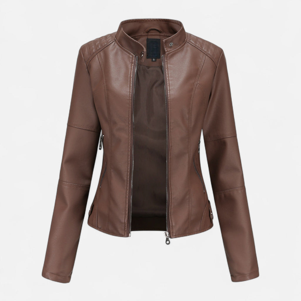 Women's Waist-Length Leather Moto Jacket with Zipper