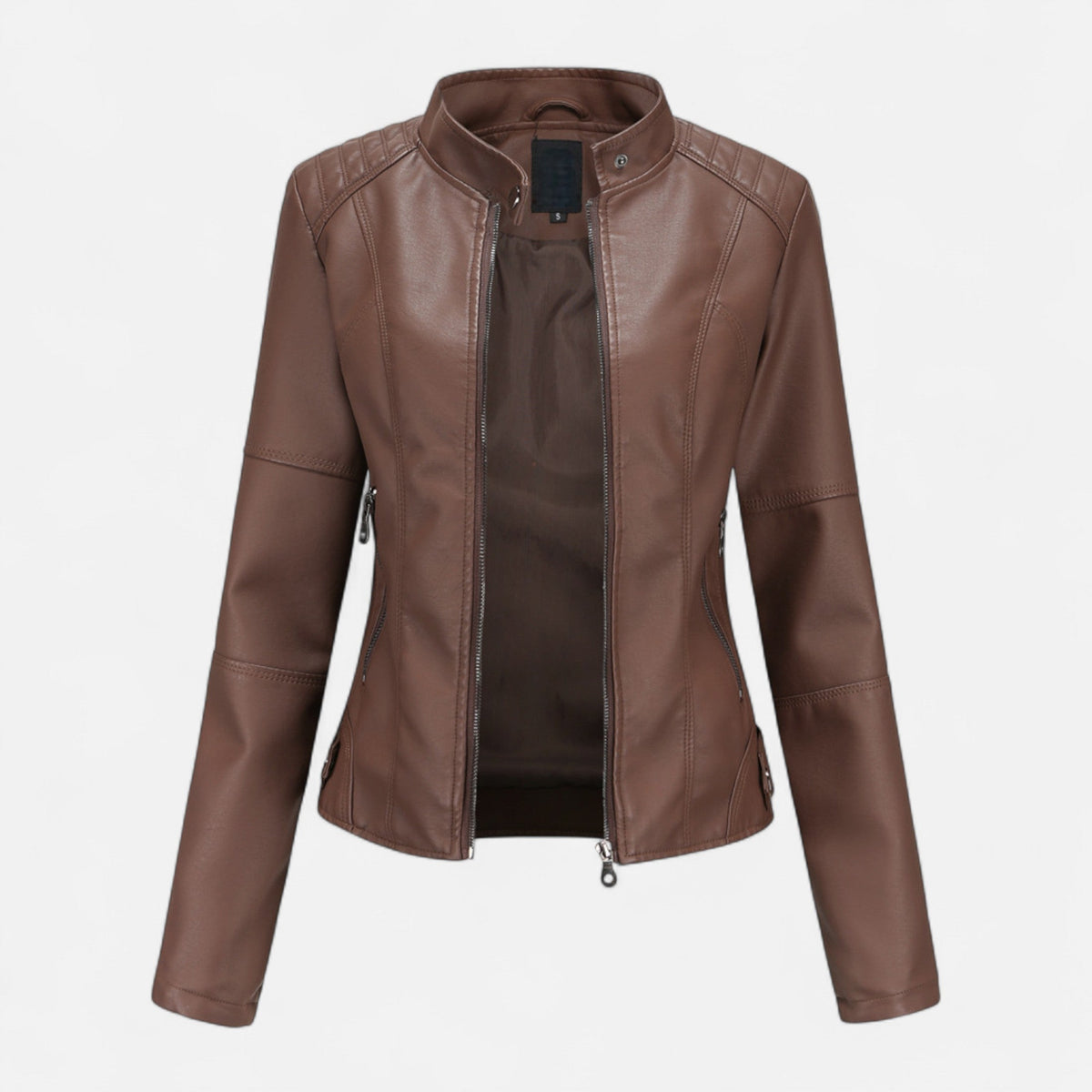 Women's Waist-Length Leather Moto Jacket with Zipper