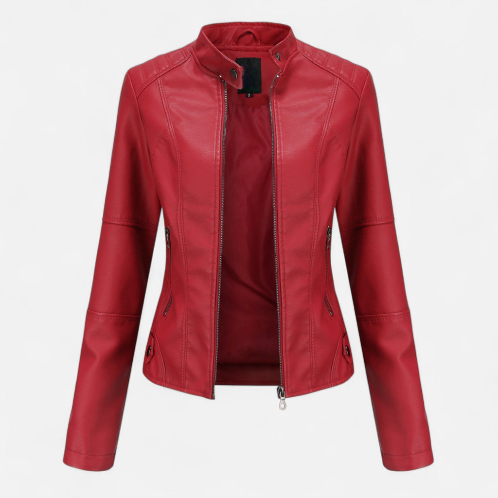 Women's Waist-Length Leather Moto Jacket with Zipper