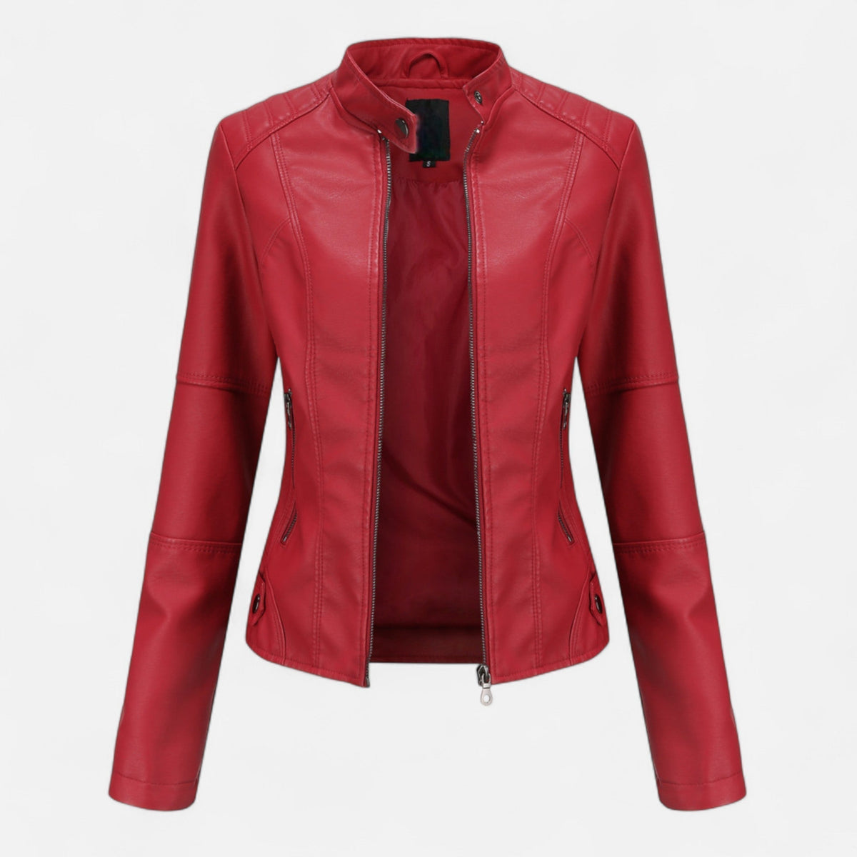 Women's Waist-Length Leather Moto Jacket with Zipper