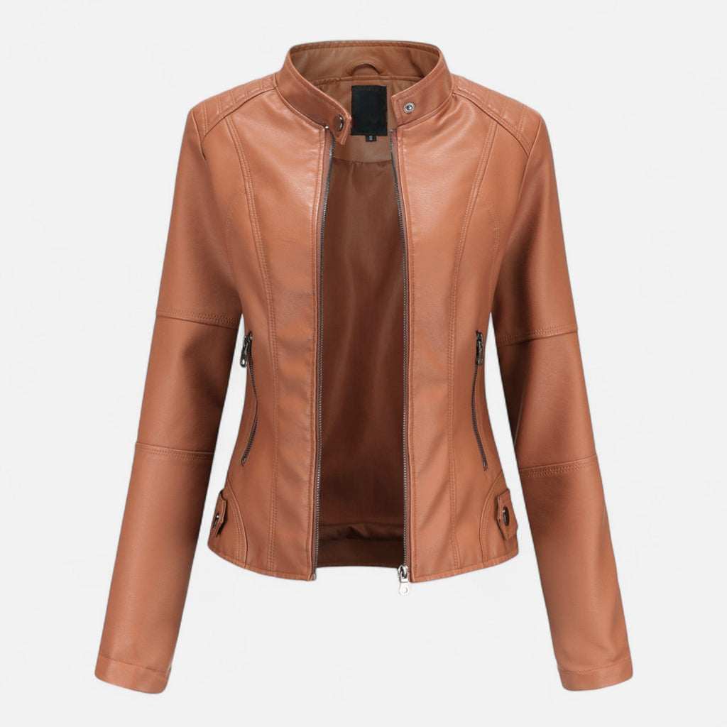 Women's Waist-Length Leather Moto Jacket with Zipper