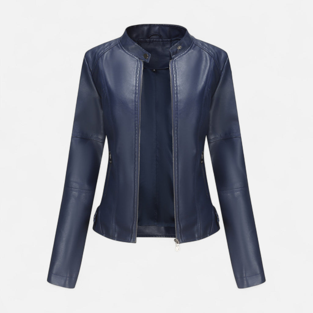Women's Waist-Length Leather Moto Jacket with Zipper