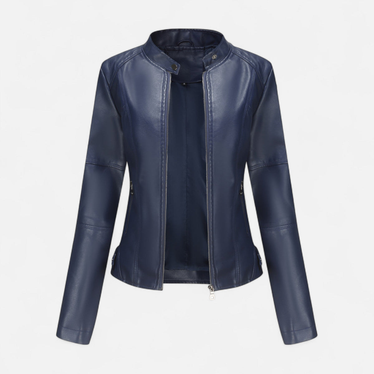 Women's Waist-Length Leather Moto Jacket with Zipper