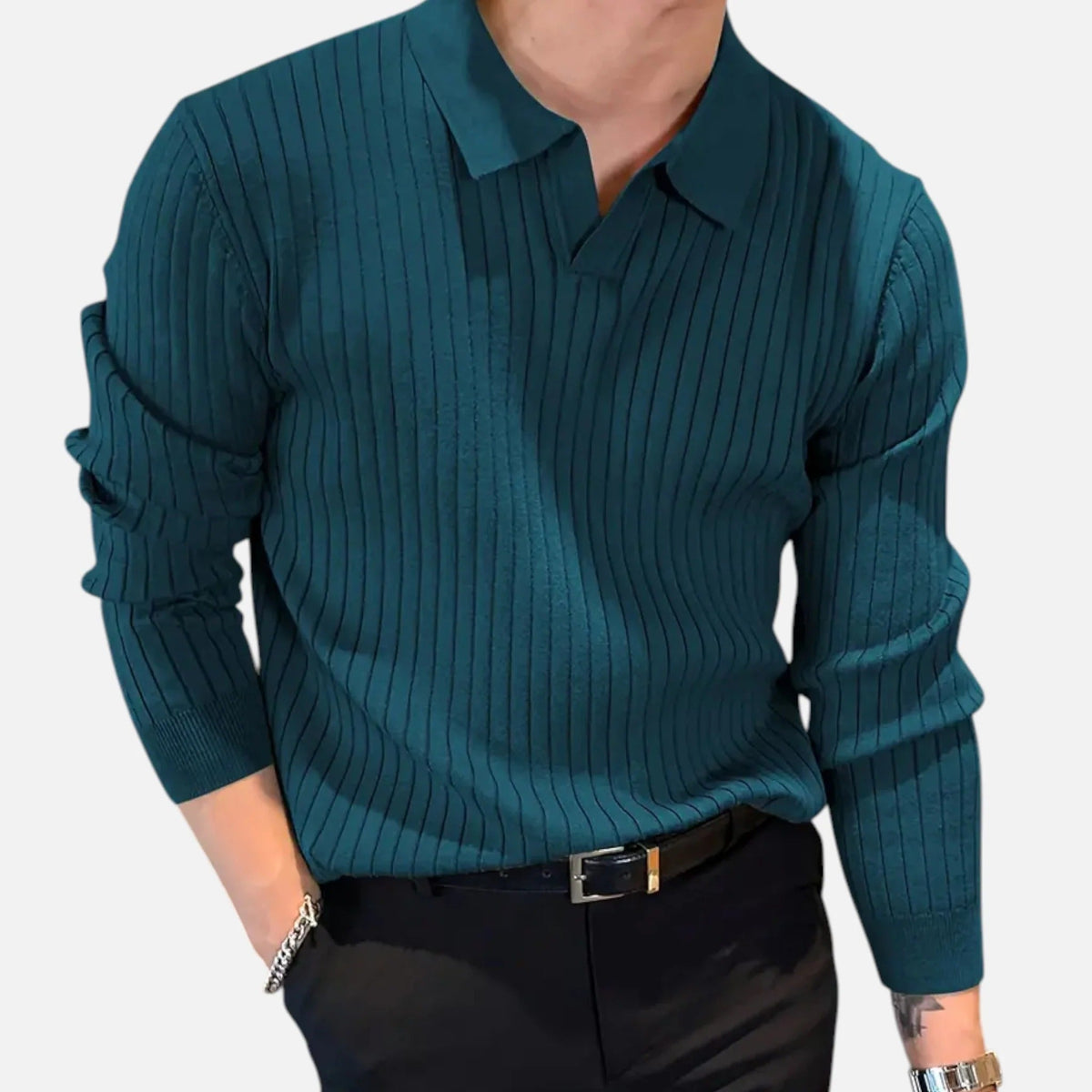 Men's Dressy Denim-Friendly Ribbed Long-Sleeved Polo