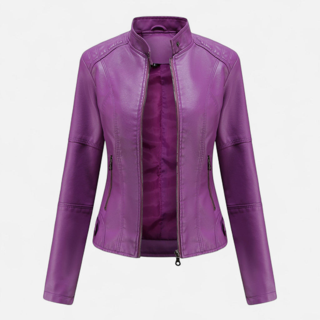 Women's Waist-Length Leather Moto Jacket with Zipper