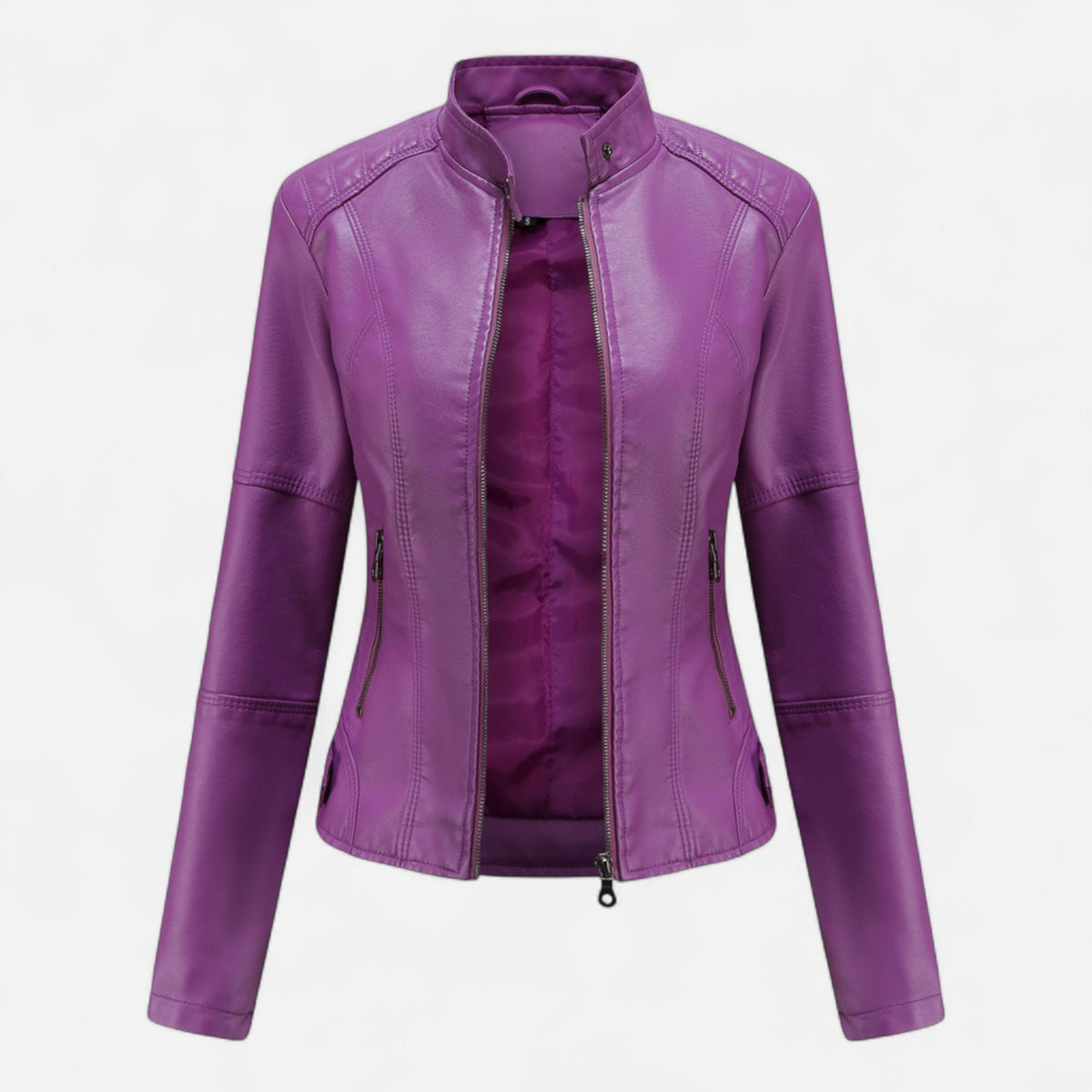 Women's Waist-Length Leather Moto Jacket with Zipper