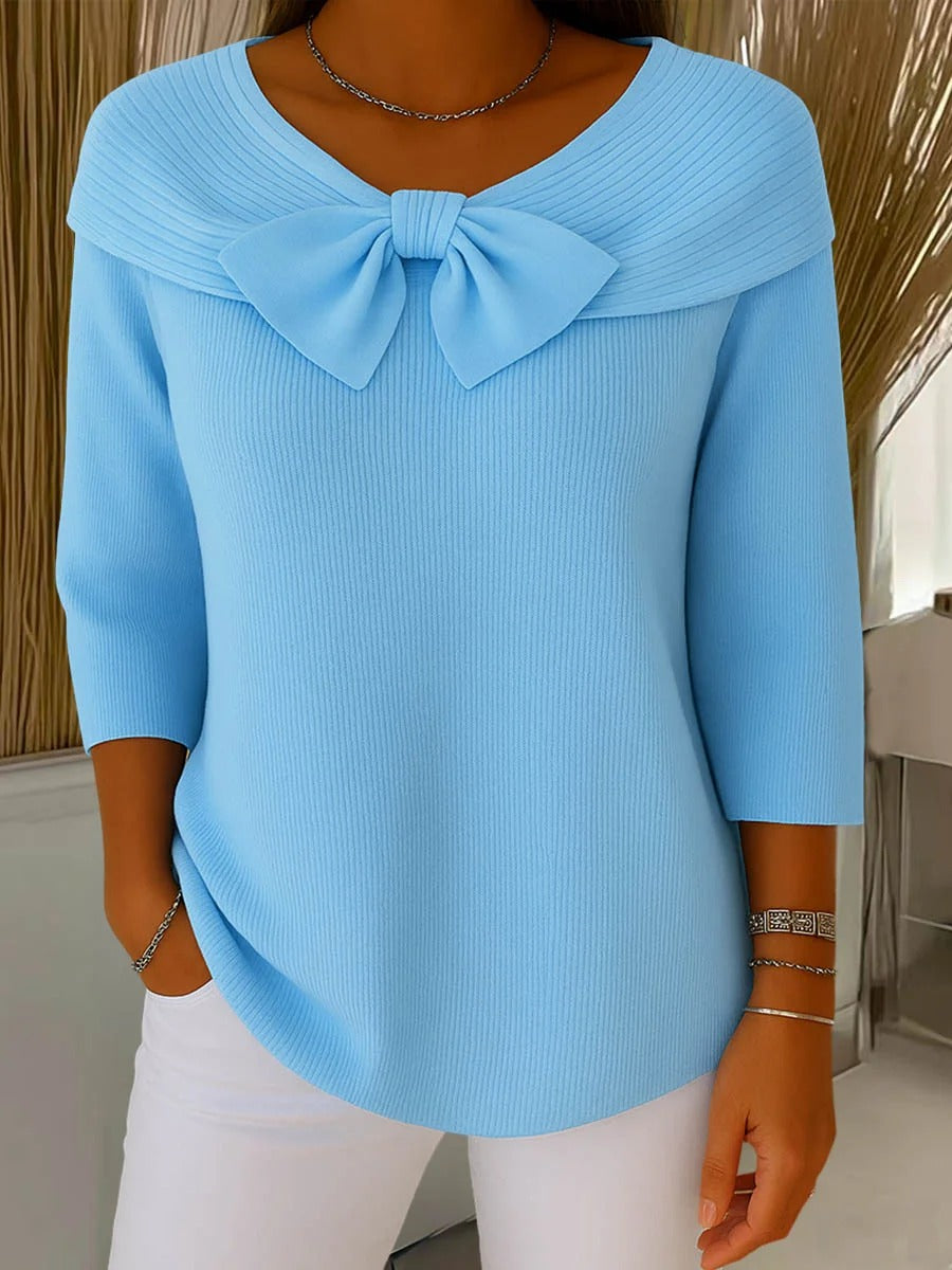 Women's Feminine Bow-Trimmed Snug Fit Sweater