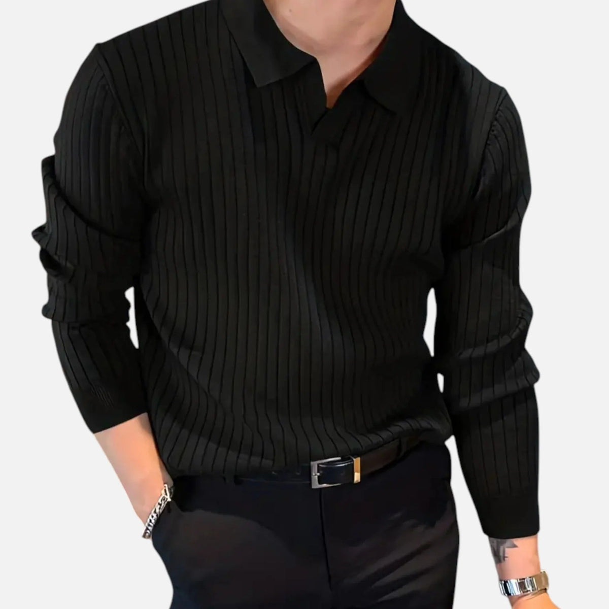 Men's Dressy Denim-Friendly Ribbed Long-Sleeved Polo