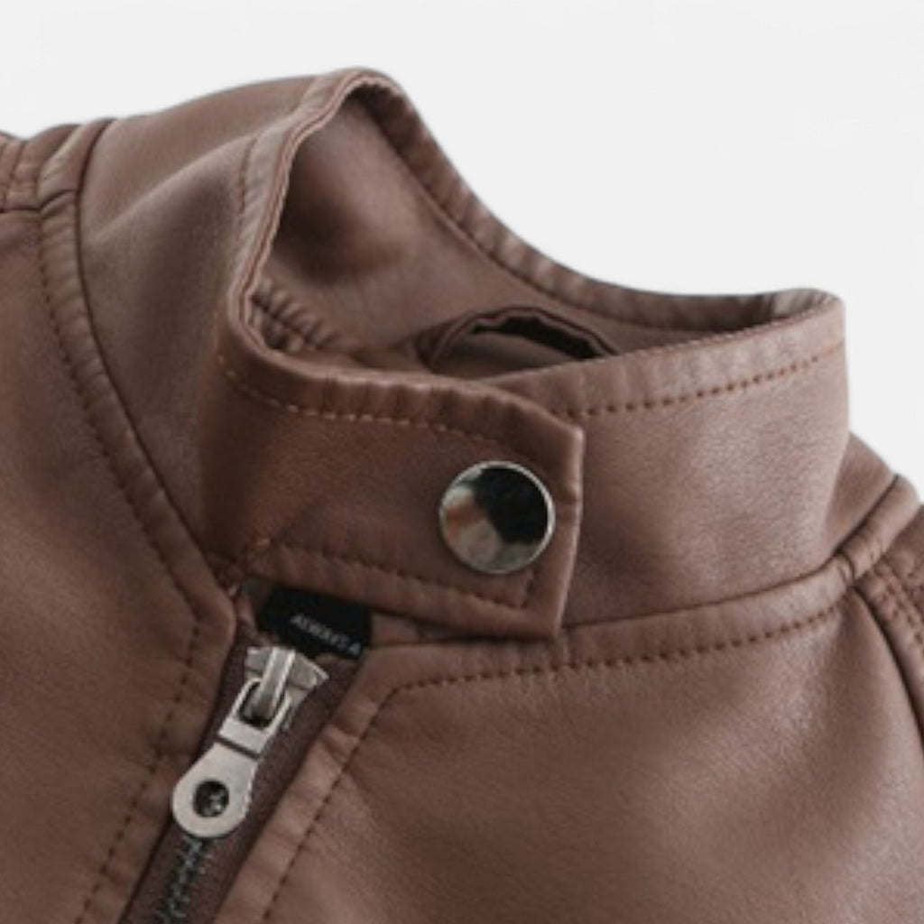 Women's Waist-Length Leather Moto Jacket with Zipper