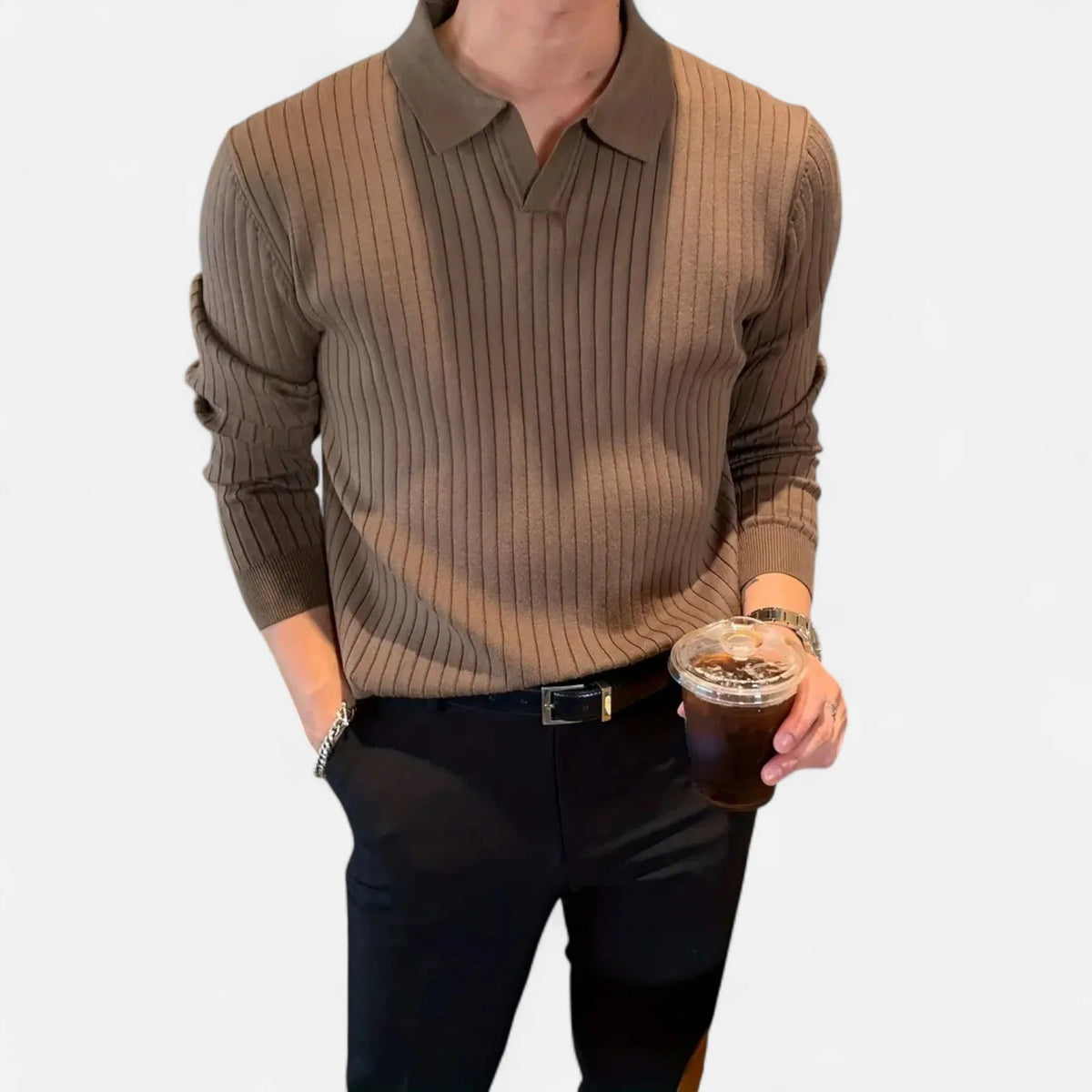 Men's Dressy Denim-Friendly Ribbed Long-Sleeved Polo