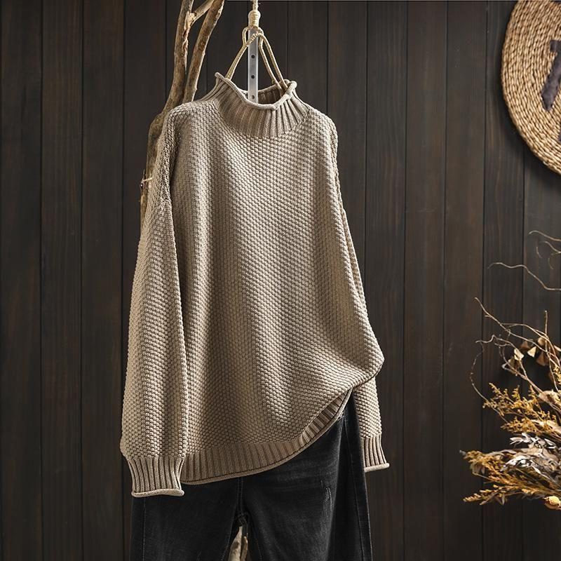 Women's Raised Texture Round-Neck Wool Knit Sweater