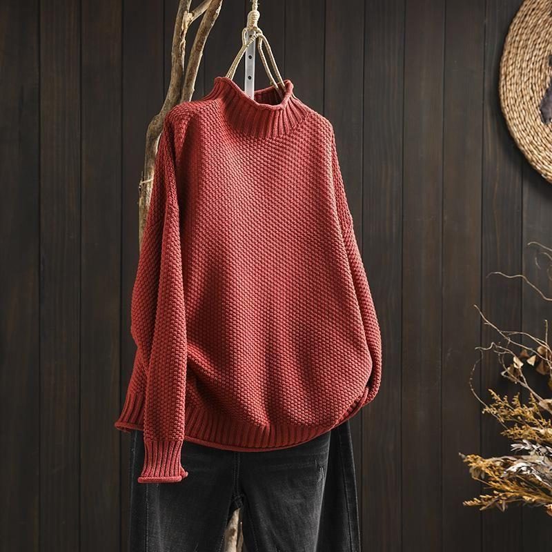Women's Raised Texture Round-Neck Wool Knit Sweater