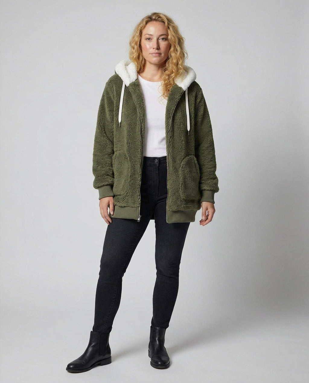 Women's Roomy Fleece Zip Coat with Sherpa-Lined Hood