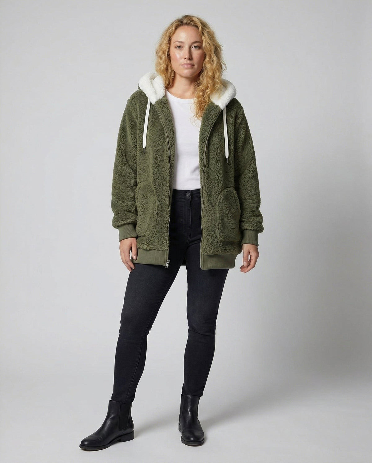 Women's Roomy Fleece Zip Coat with Sherpa-Lined Hood