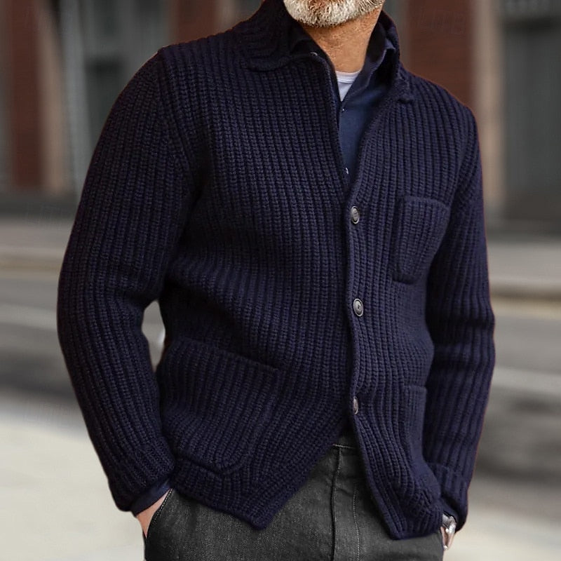 Men's Soft Rib Knit Buttoned Cardigan Sweater with Pockets