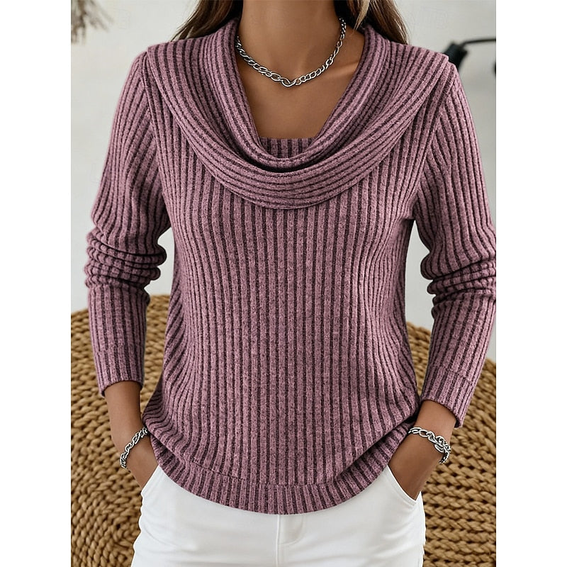 Women's Cozy Ribbed Knit Cowl Collar Sweater