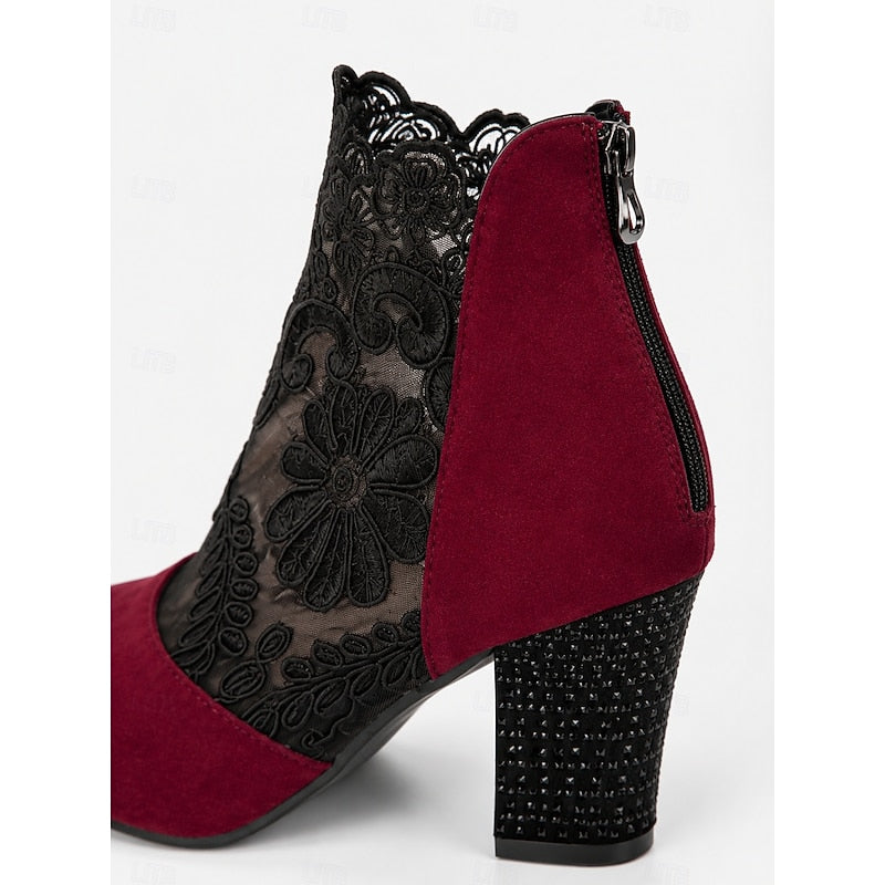 Women's Lace Overlay Heeled Ankle Booties with Floral Detail