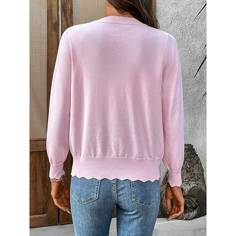 Women's Light Knit Scallop Edge Front-Button Cardigan Sweater