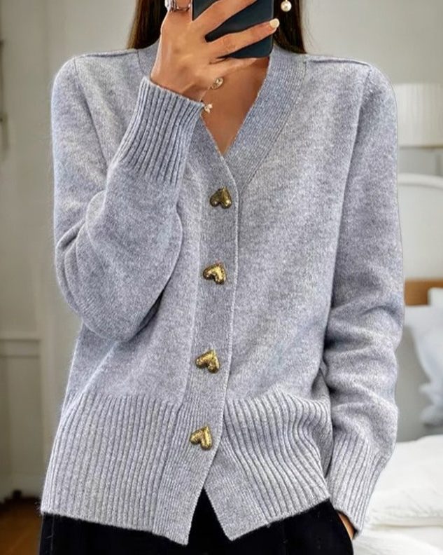Women's Gold-Tone Heart Button Ribbed Sweater Cardigan