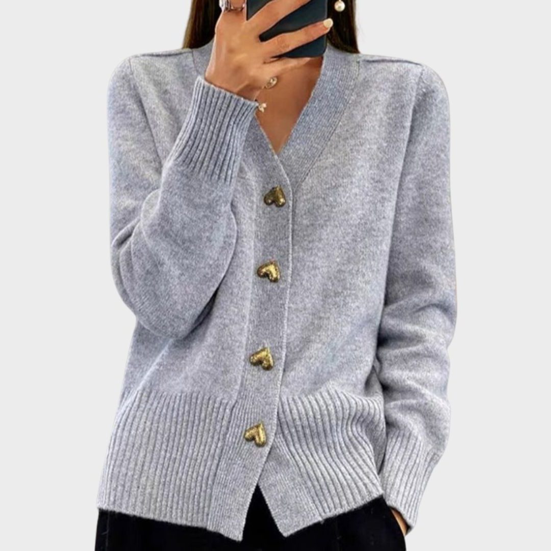 Women's Gold-Tone Heart Button Ribbed Sweater Cardigan