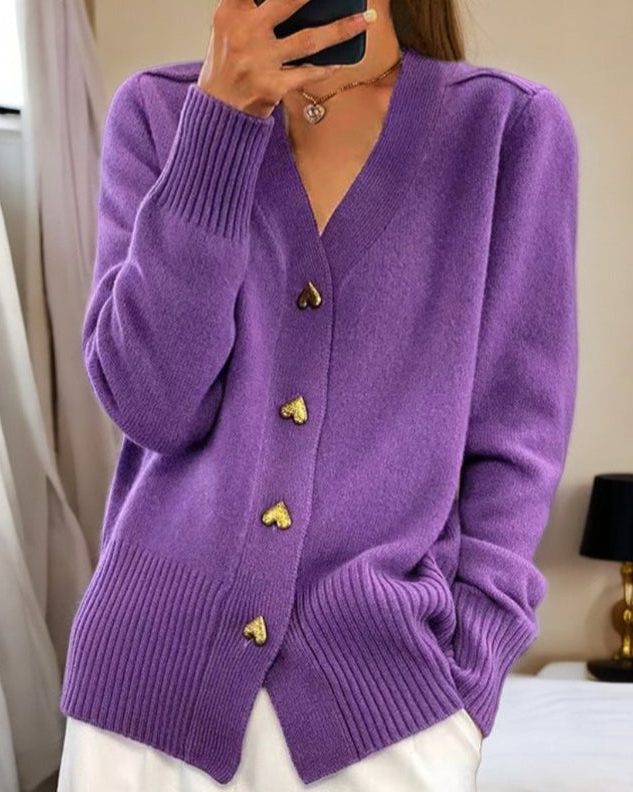Women's Gold-Tone Heart Button Ribbed Sweater Cardigan
