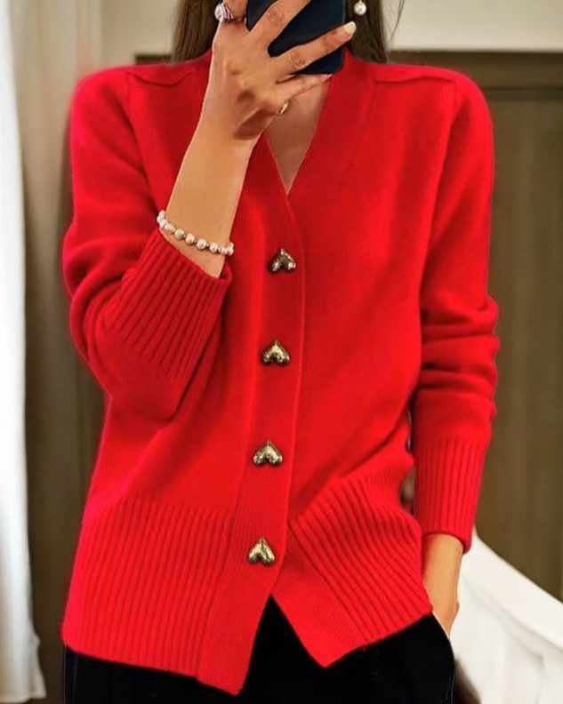 Women's Gold-Tone Heart Button Ribbed Sweater Cardigan