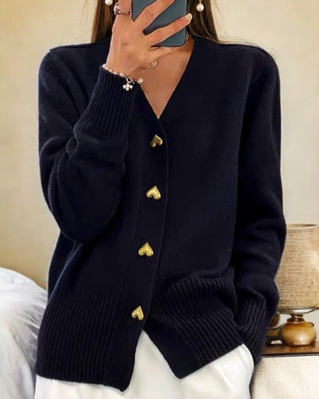 Women's Gold-Tone Heart Button Ribbed Sweater Cardigan