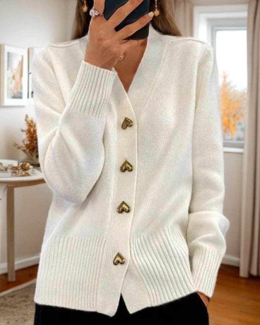 Women's Gold-Tone Heart Button Ribbed Sweater Cardigan