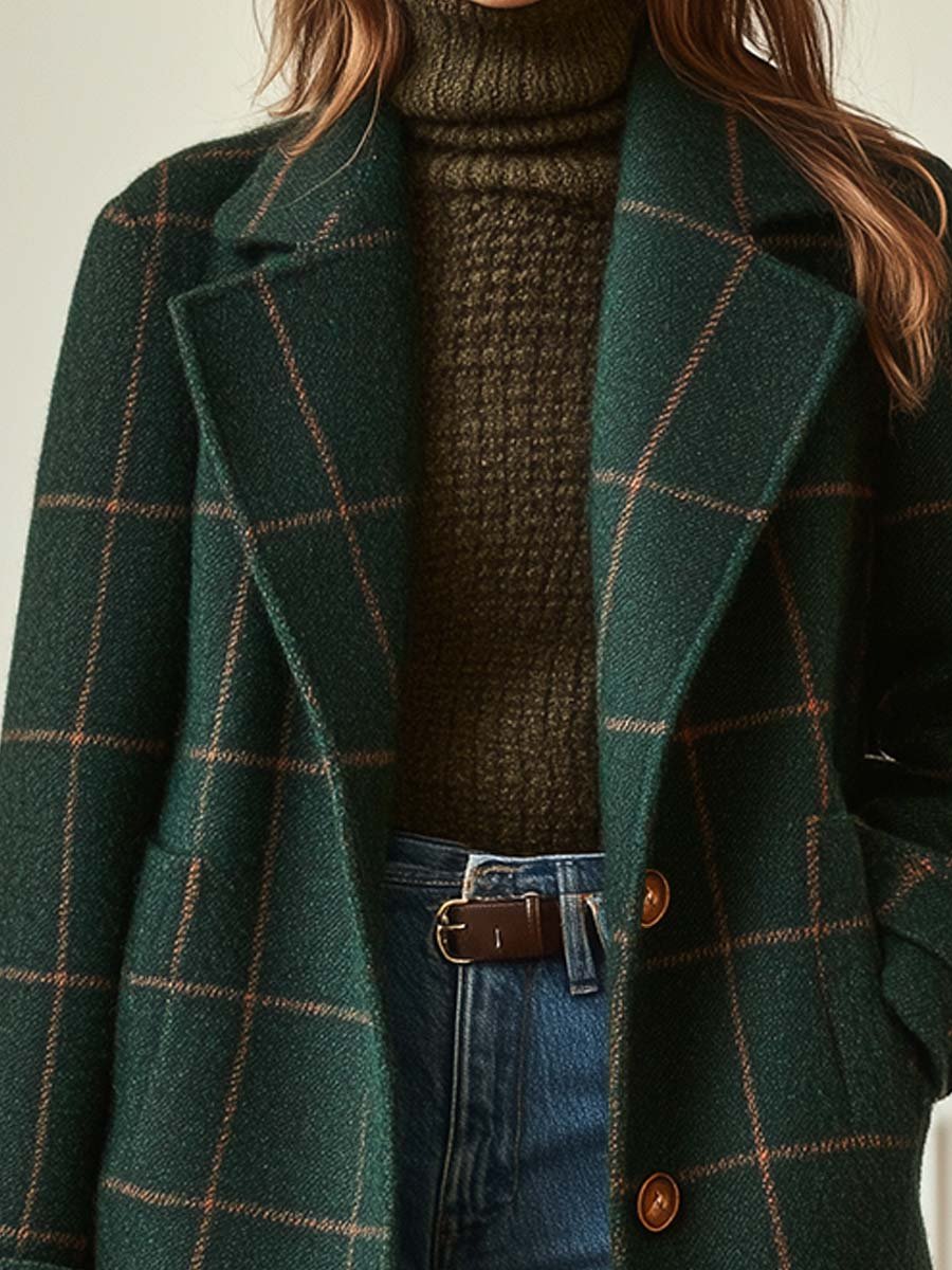 Women's Check Pattern Retro Tweed Topcoat