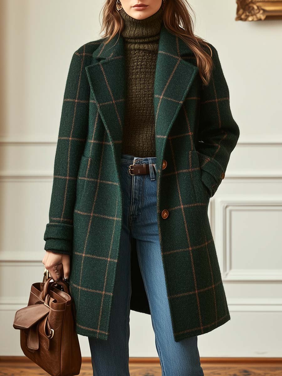 Women's Check Pattern Retro Tweed Topcoat