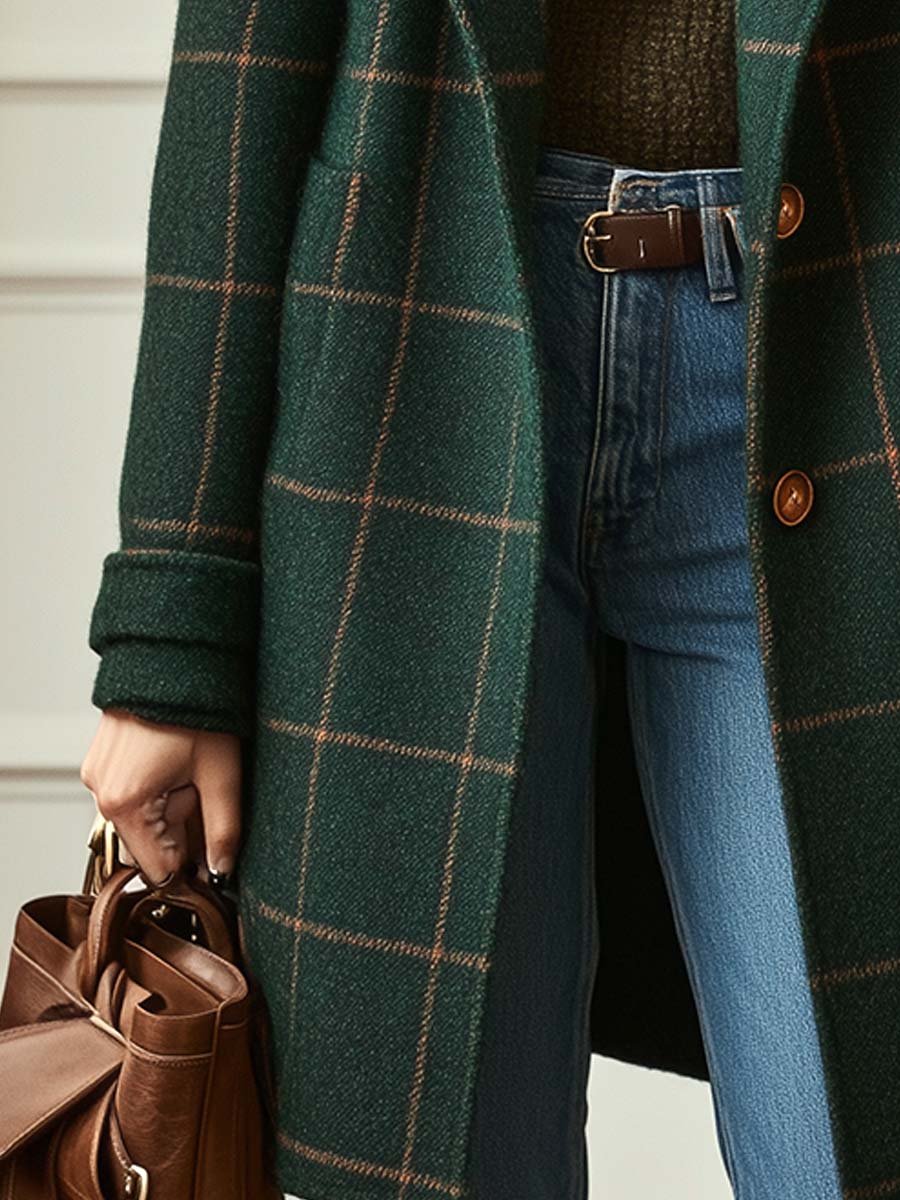 Women's Check Pattern Retro Tweed Topcoat