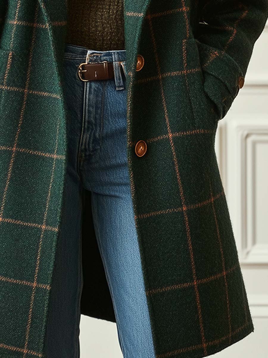 Women's Check Pattern Retro Tweed Topcoat