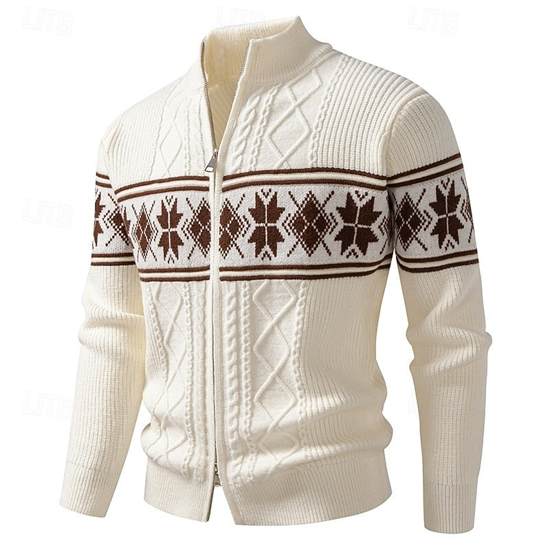 Men's Ribbed Knit Fair Isle Zipper Cardigan Sweater