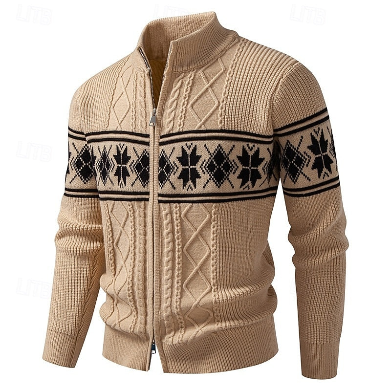 Men's Ribbed Knit Fair Isle Zipper Cardigan Sweater