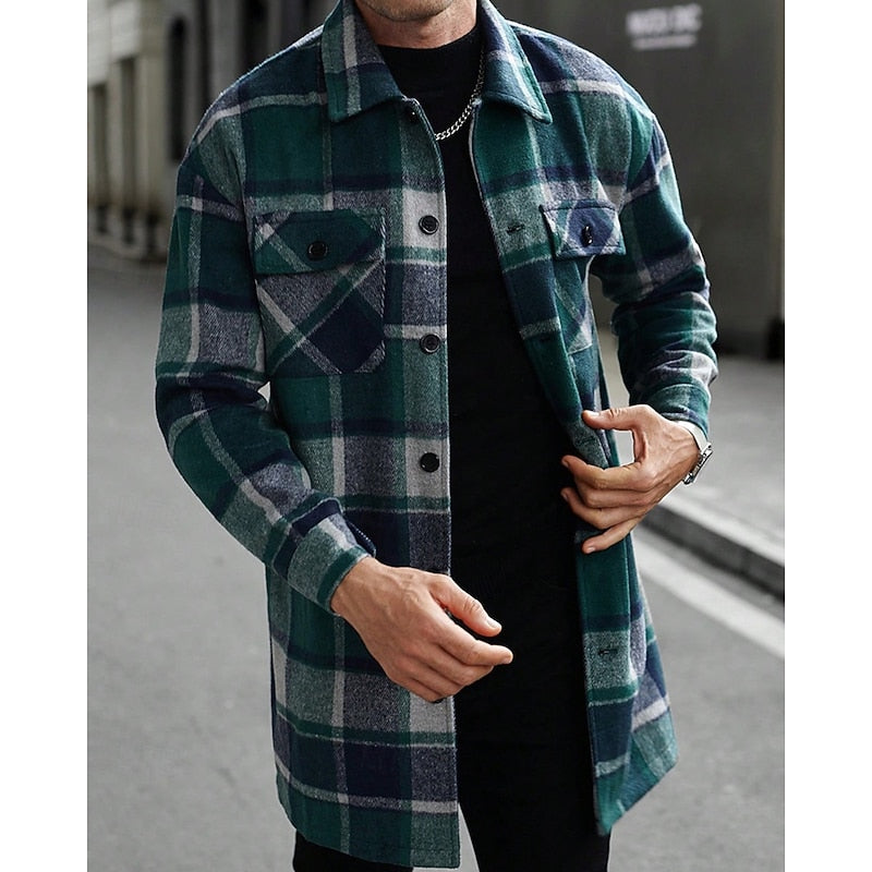 Men's Button-Front Checked Shirt Jacket with Pockets