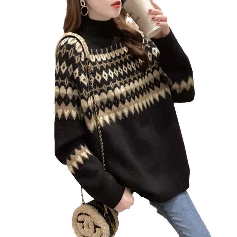 Women's Winter Turtleneck Sweater with Fair Isle Body