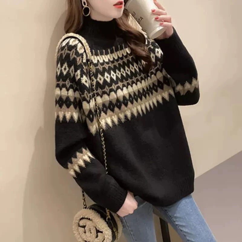 Women's Winter Turtleneck Sweater with Fair Isle Body
