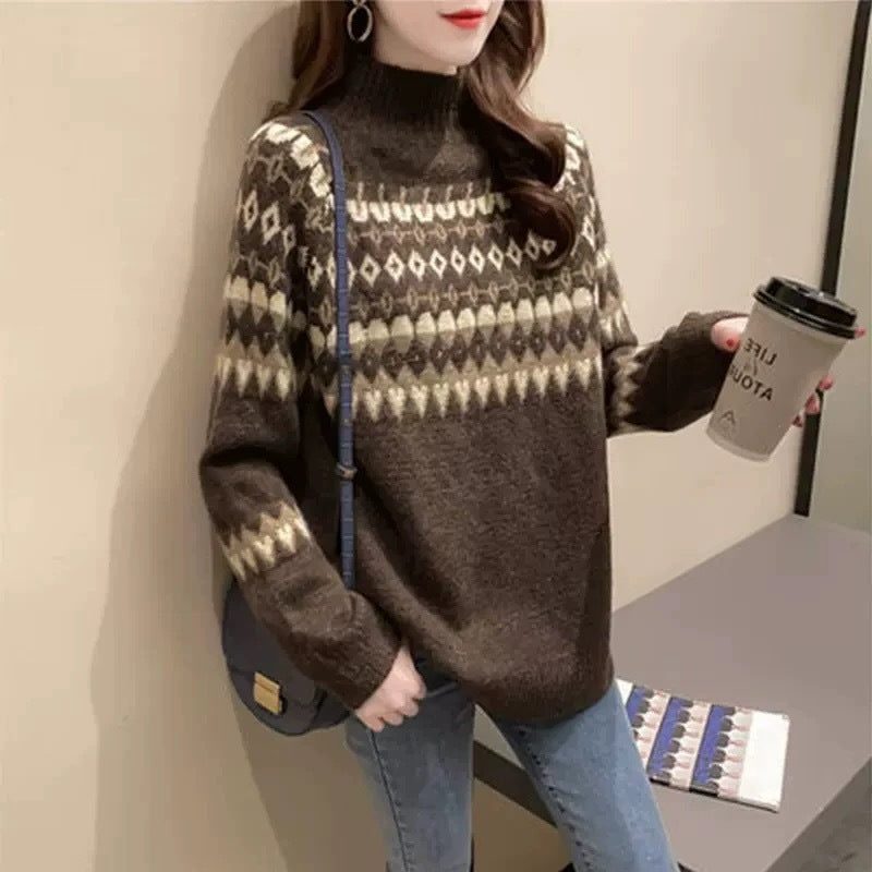 Women's Winter Turtleneck Sweater with Fair Isle Body