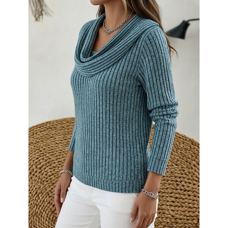 Women's Cozy Ribbed Knit Cowl Collar Sweater