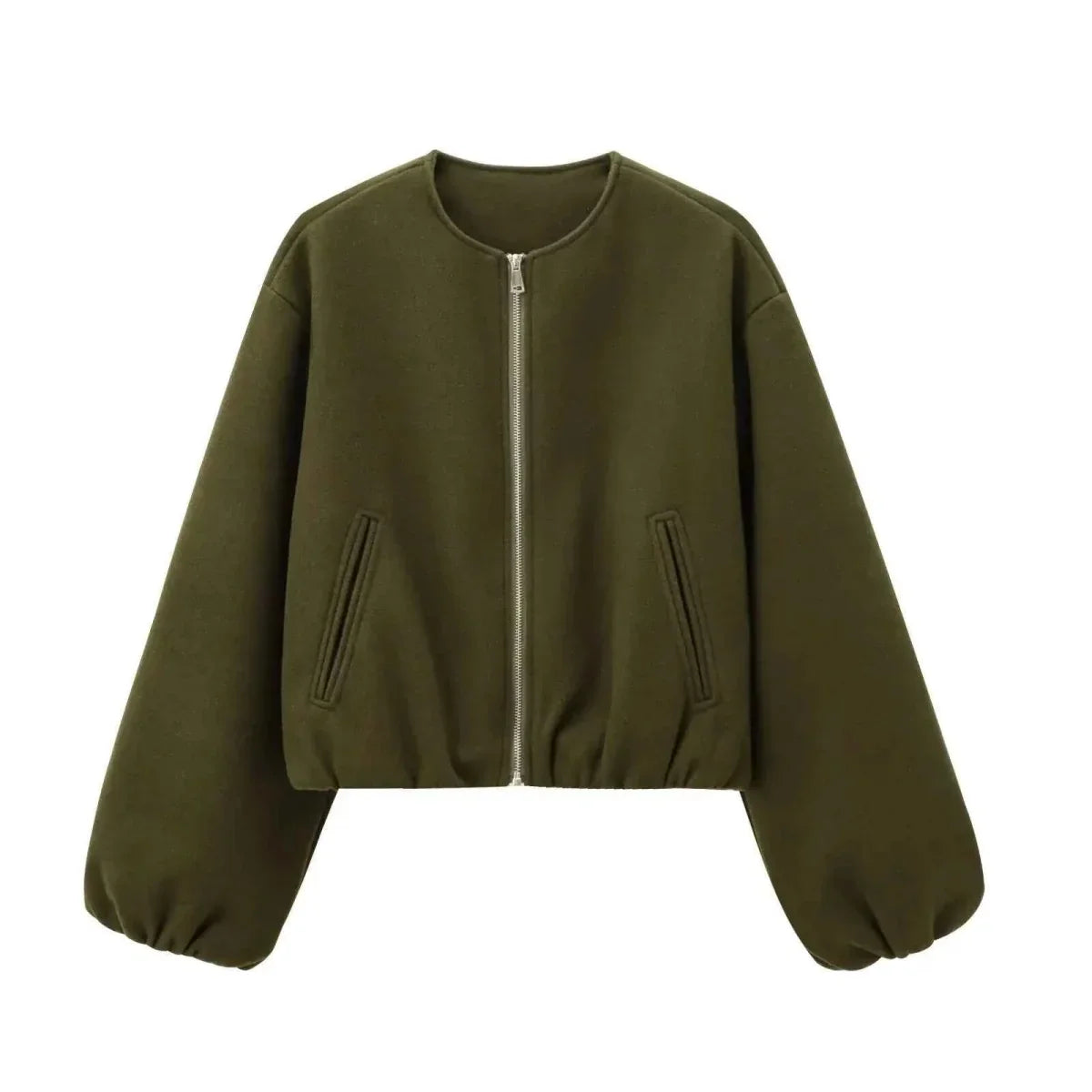 Women's Modern Cropped Bomber Jacket with Puffed Sleeves