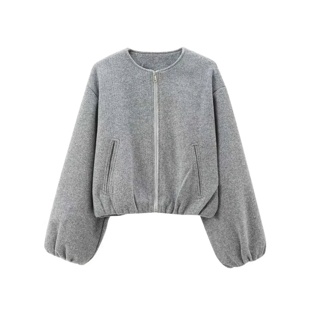 Women's Modern Cropped Bomber Jacket with Puffed Sleeves