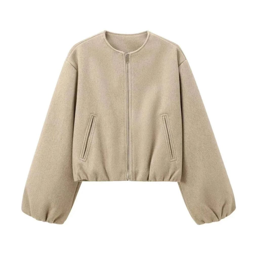 Women's Modern Cropped Bomber Jacket with Puffed Sleeves