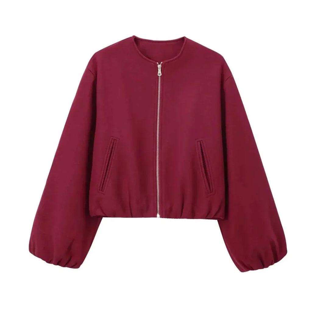 Women's Modern Cropped Bomber Jacket with Puffed Sleeves