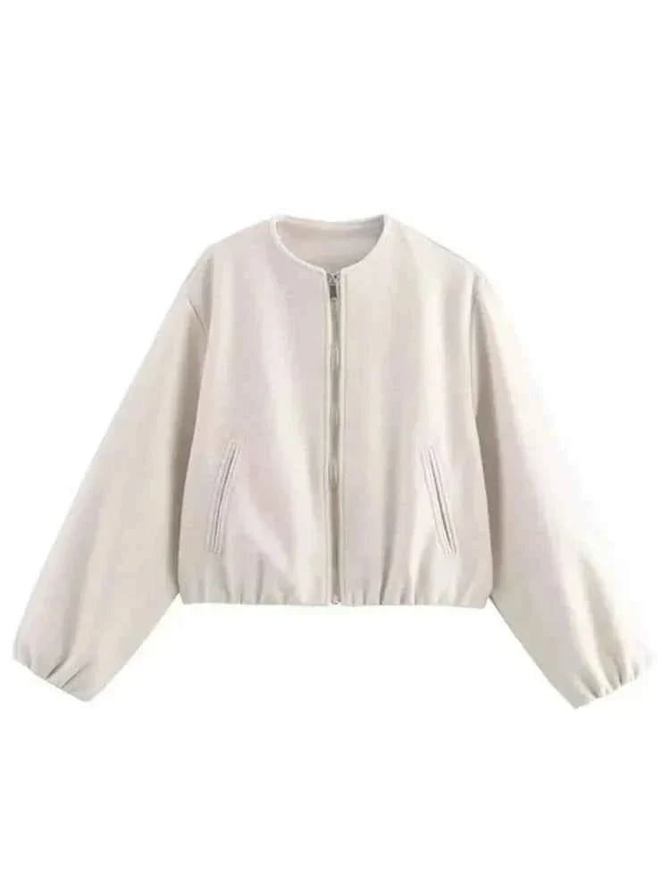 Women's Modern Cropped Bomber Jacket with Puffed Sleeves