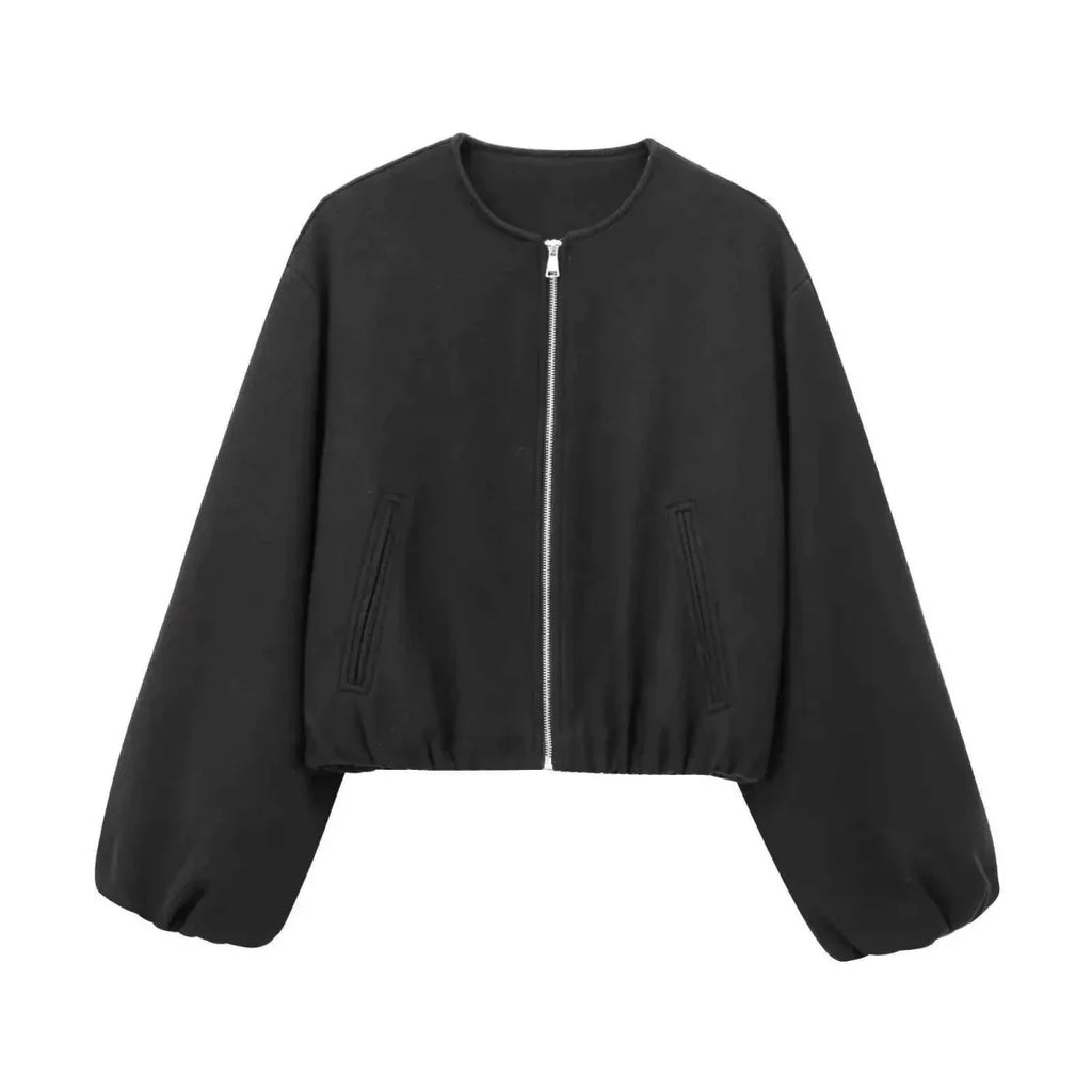 Women's Modern Cropped Bomber Jacket with Puffed Sleeves